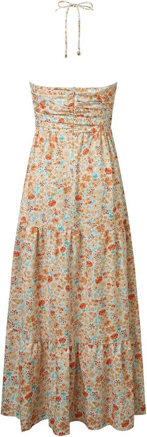 Women's Summer Sleeveless Halter Neck Boho Long Dress Backless Ruffle Hem Tiered Flowy Maxi Sundress Beach Vacation