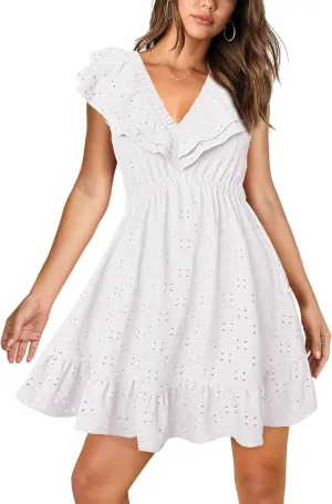 Womens Summer V Neck Tie Back Ruffle Sleeve Hollow Out Casual A-Line Babydoll Swing Flowy Short Mini Dress