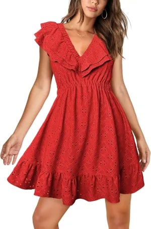 Womens Summer V Neck Tie Back Ruffle Sleeve Hollow Out Casual A-Line Babydoll Swing Flowy Short Mini Dress