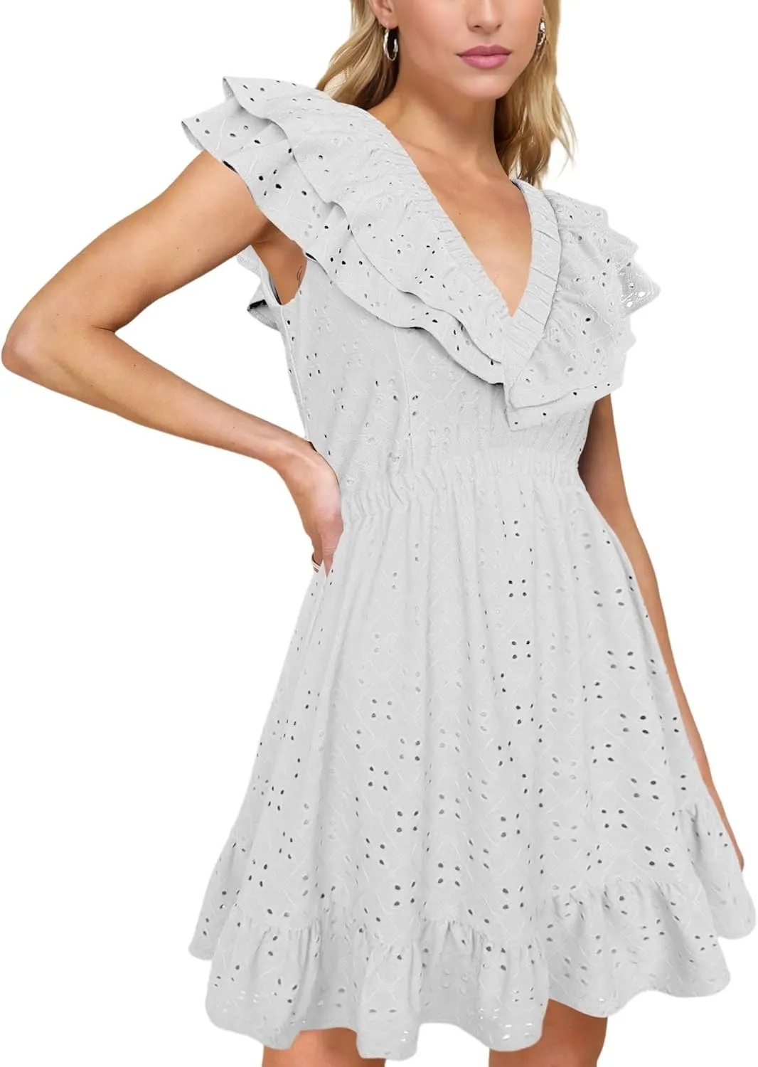Womens Summer V Neck Tie Back Ruffle Sleeve Hollow Out Casual A-Line Babydoll Swing Flowy Short Mini Dress