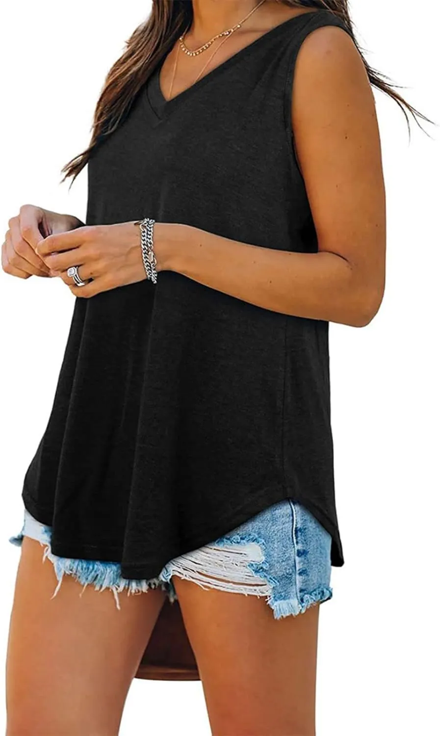 Womens Tank Tops Loose Fit V Neck Sleeveless Blouse Casual Flowy Tank Basic Solid Color Tshirt Summer Beach Tunic