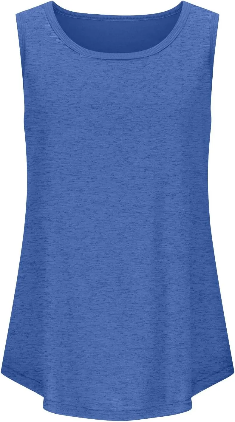 Womens Tank Tops Summer Loose Fit Casual Flowy Sleeveless Tops Ribbed Trim Scoop Neck Curved Hem Trendy T Shirt 2025