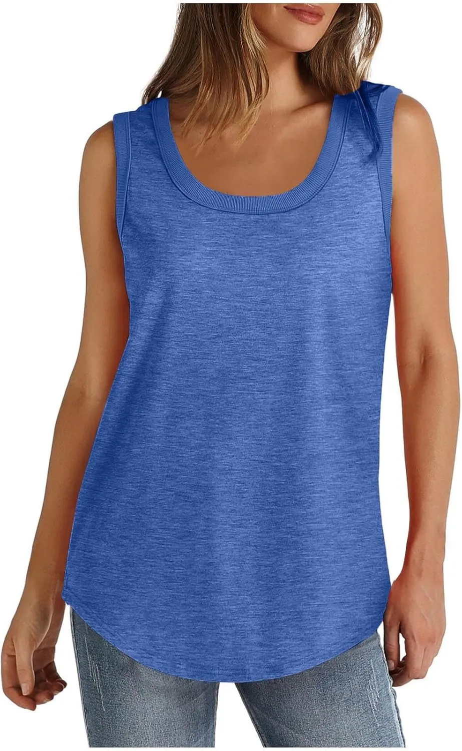 Womens Tank Tops Summer Loose Fit Casual Flowy Sleeveless Tops Ribbed Trim Scoop Neck Curved Hem Trendy T Shirt 2025