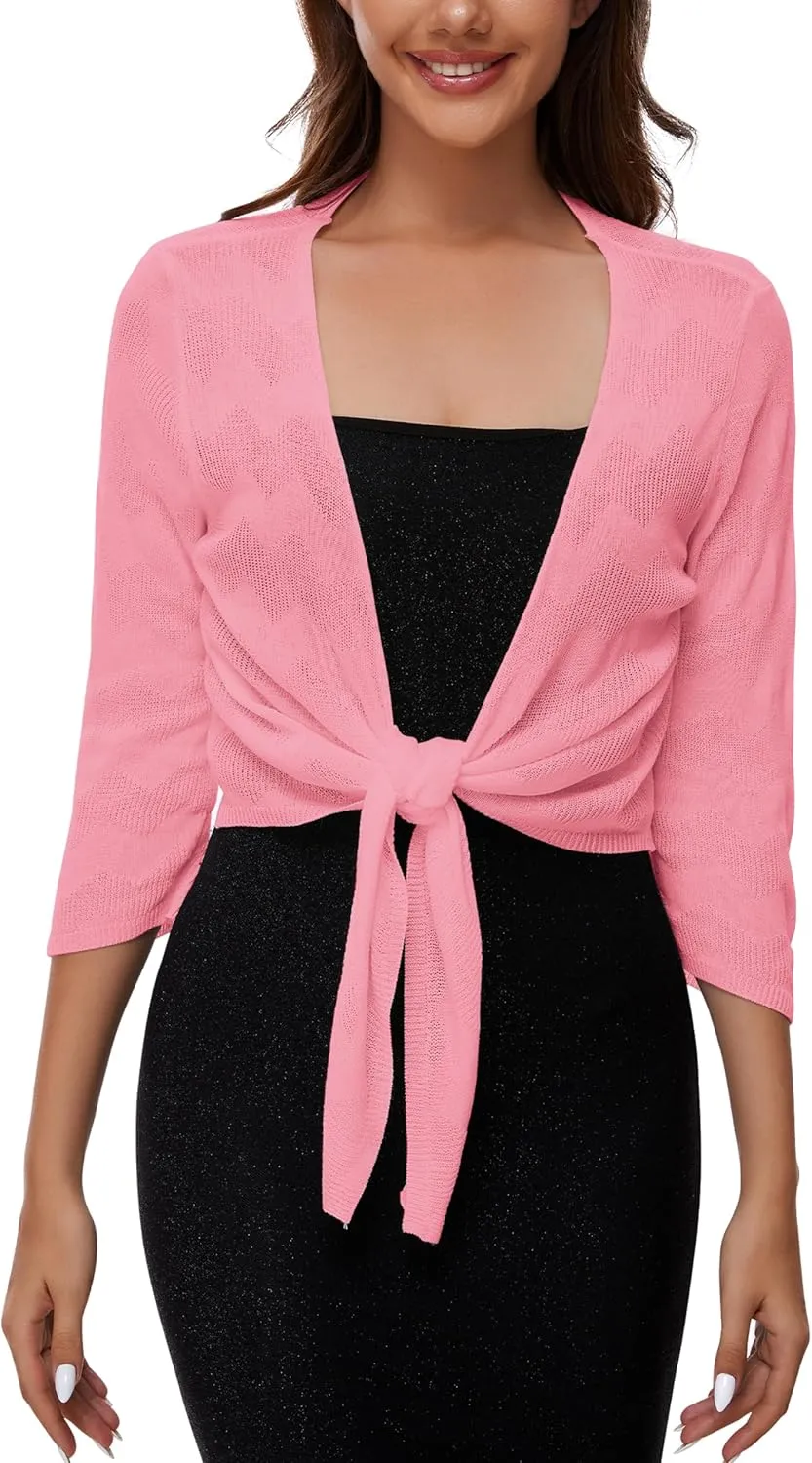 Women's Tie Front Bolero Cardigan Shrug Sweater 3/4 Sleeve Knotted Lightweight Short Shawl Top