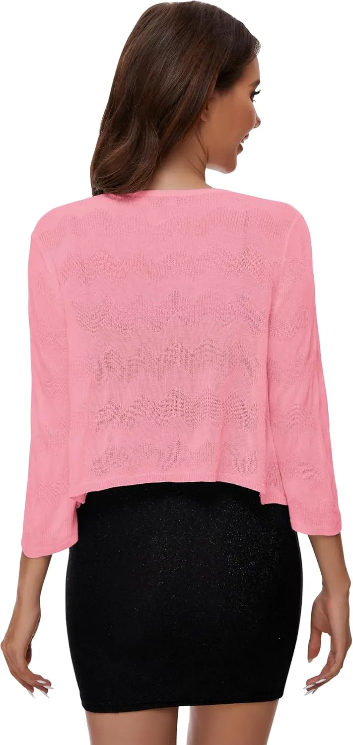 Women's Tie Front Bolero Cardigan Shrug Sweater 3/4 Sleeve Knotted Lightweight Short Shawl Top
