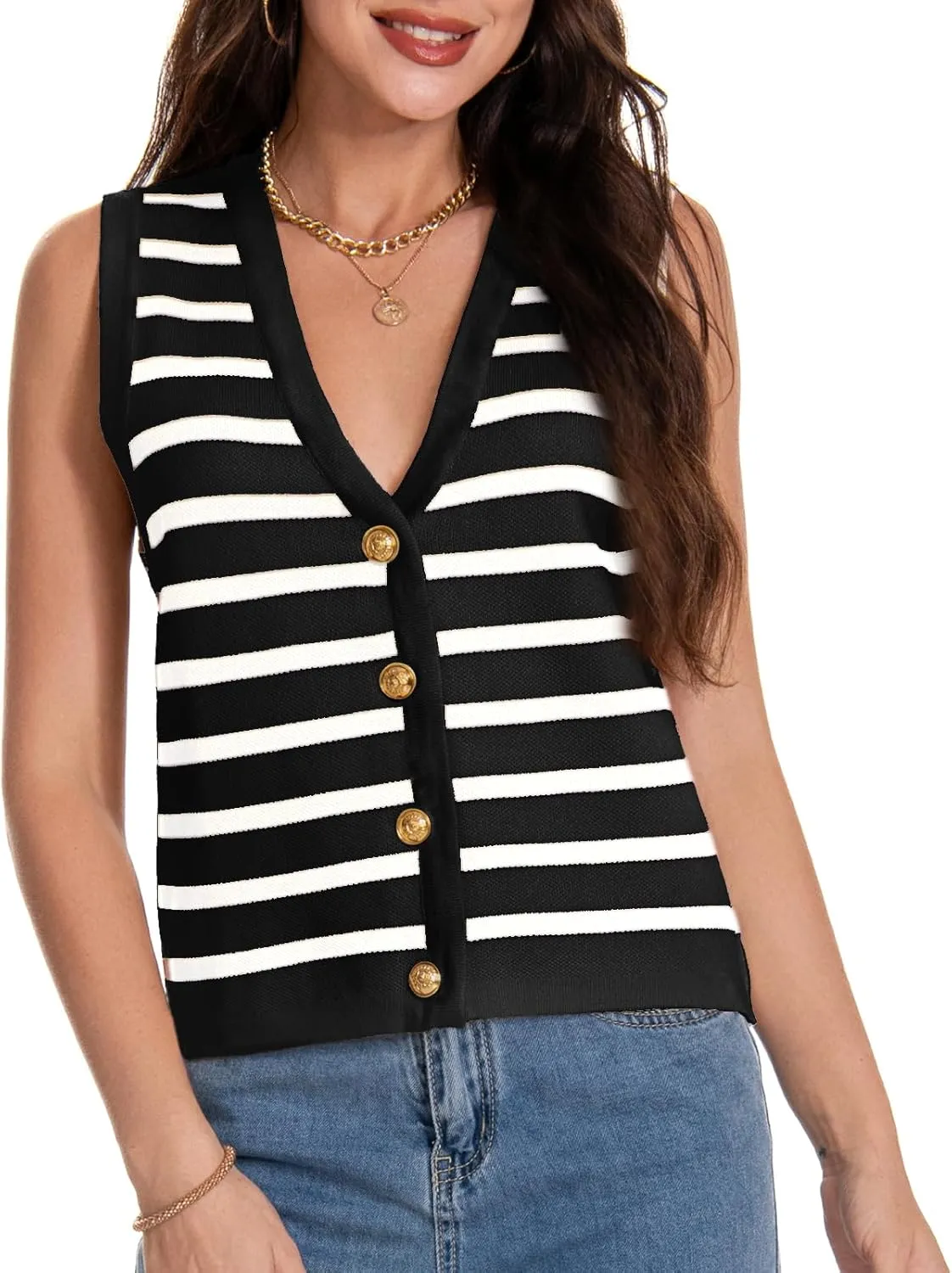 Women's V Neck Sleeveless Button Up Cardigan Knit Sweater Vests Striped Tank Tops