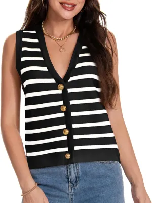 Women's V Neck Sleeveless Button Up Cardigan Knit Sweater Vests Striped Tank Tops