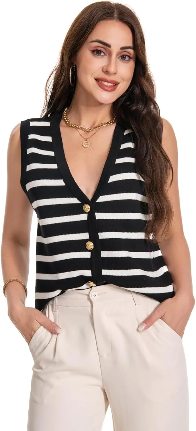 Women's V Neck Sleeveless Button Up Cardigan Knit Sweater Vests Striped Tank Tops