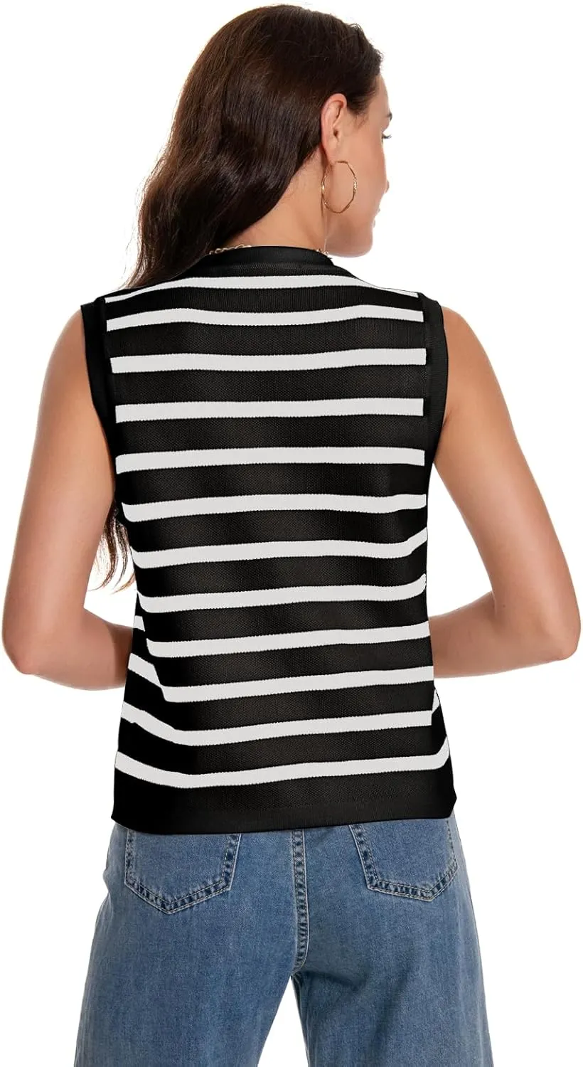 Women's V Neck Sleeveless Button Up Cardigan Knit Sweater Vests Striped Tank Tops