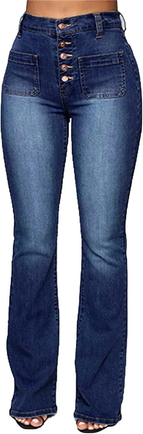 Women's Vintage Classic Flared Jeans Retro Button Up Bell Bottom Denim Pants High Waist Boot Cut Jean Trousers