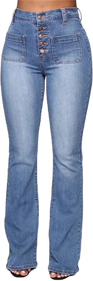 Women's Vintage Classic Flared Jeans Retro Button Up Bell Bottom Denim Pants High Waist Boot Cut Jean Trousers