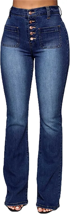 Women's Vintage Classic Flared Jeans Retro Button Up Bell Bottom Denim Pants High Waist Boot Cut Jean Trousers