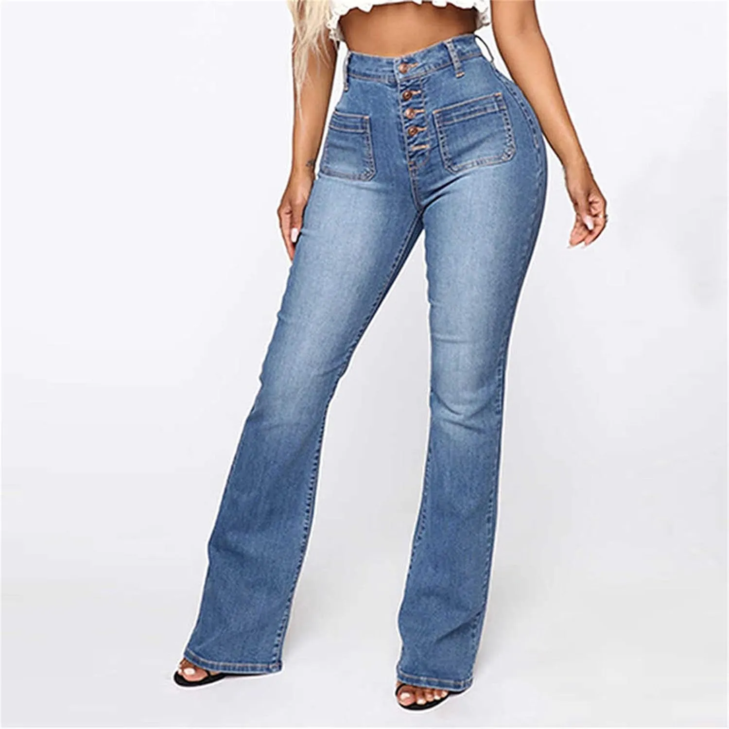 Women's Vintage Classic Flared Jeans Retro Button Up Bell Bottom Denim Pants High Waist Boot Cut Jean Trousers