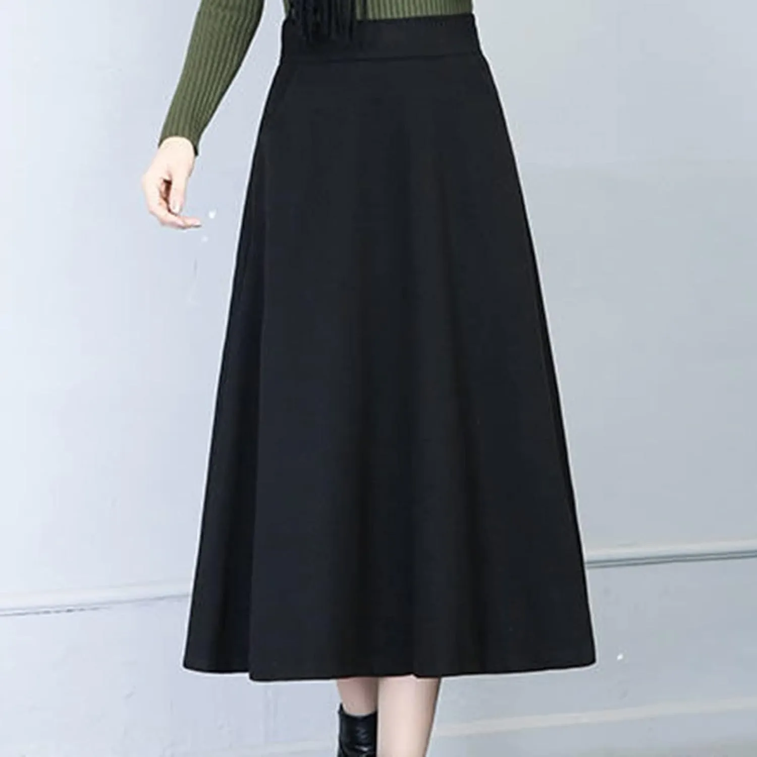 Womens Winter Vintage High Elastic Waist A Line Pleated Wool Midi Skirt Lady Skirt Skirt for Women
