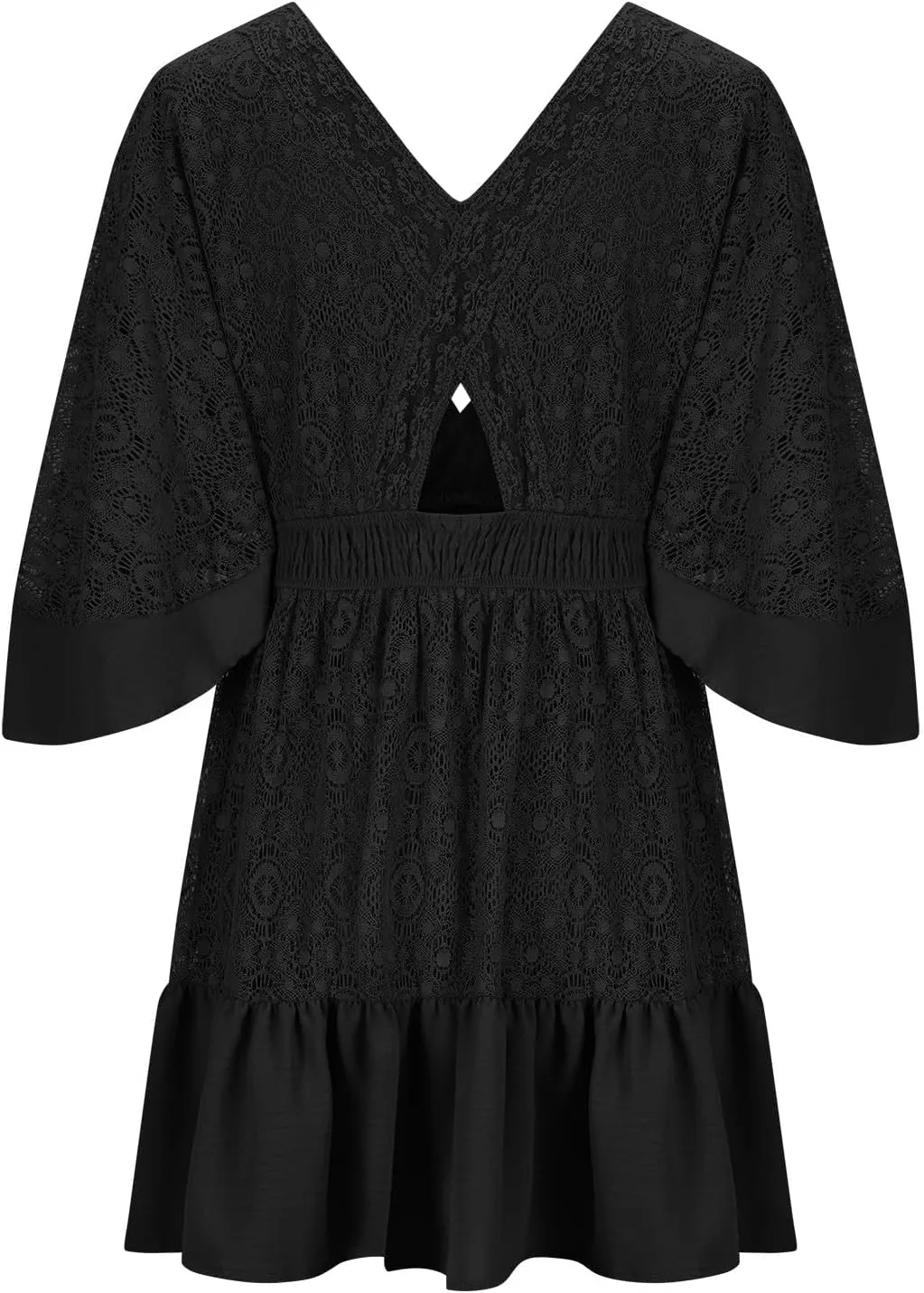 Womens Wrap V Neck Lace Dresses Summer Retro Flared Sleeves Empire Waist Mini Dress Casual Sexy Boho Beach Sundress