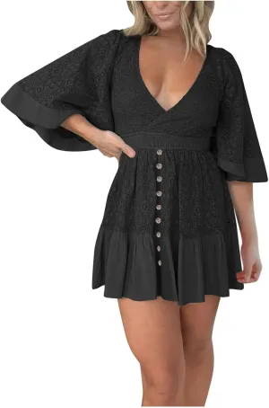 Womens Wrap V Neck Lace Dresses Summer Retro Flared Sleeves Empire Waist Mini Dress Casual Sexy Boho Beach Sundress
