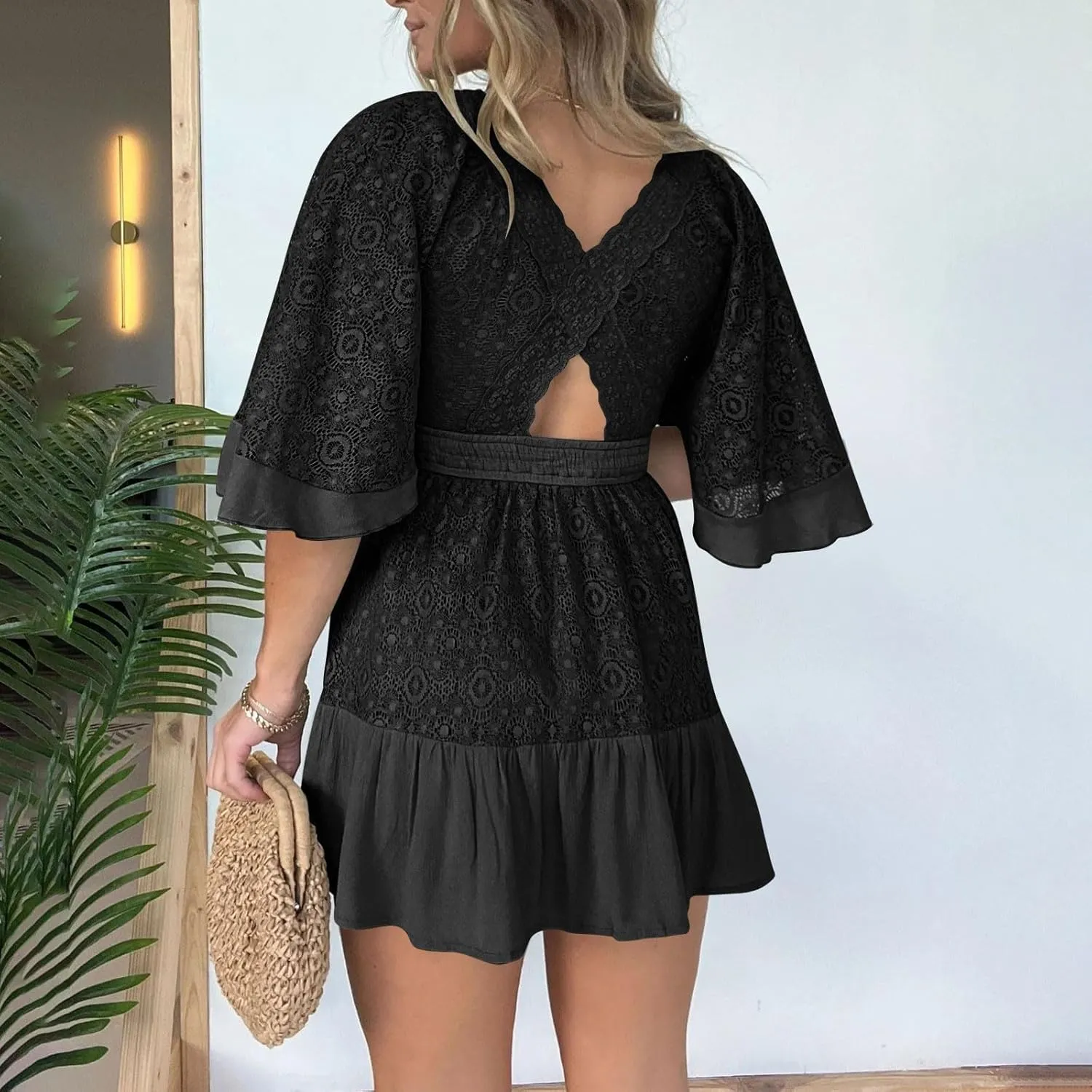 Womens Wrap V Neck Lace Dresses Summer Retro Flared Sleeves Empire Waist Mini Dress Casual Sexy Boho Beach Sundress