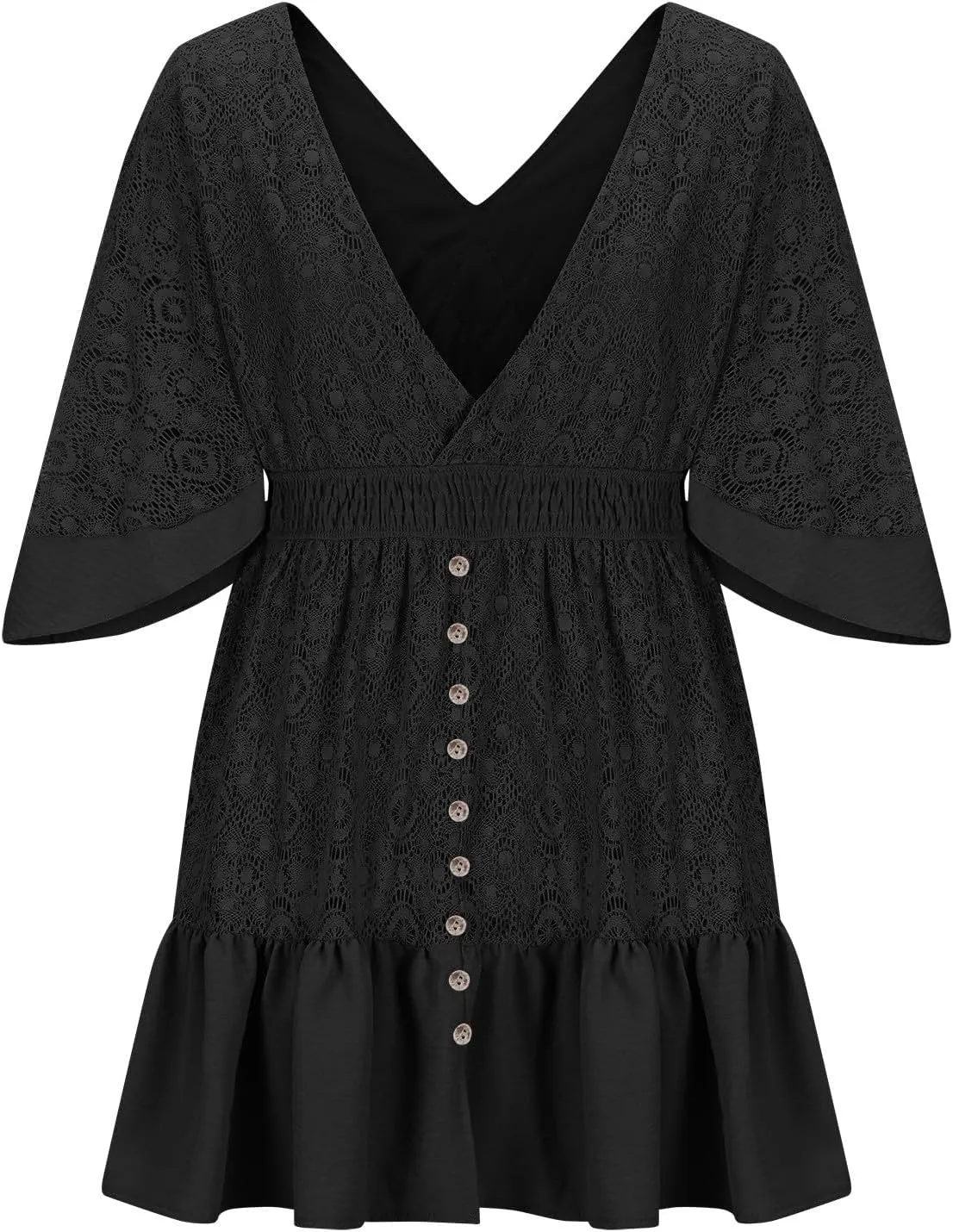 Womens Wrap V Neck Lace Dresses Summer Retro Flared Sleeves Empire Waist Mini Dress Casual Sexy Boho Beach Sundress