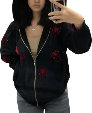 Womens Y2k Zip Up Spider Graphic Hoodie Halloween Rhinestone Oversized Hoodies Vintage Goth Grunge Jacket Streetwear