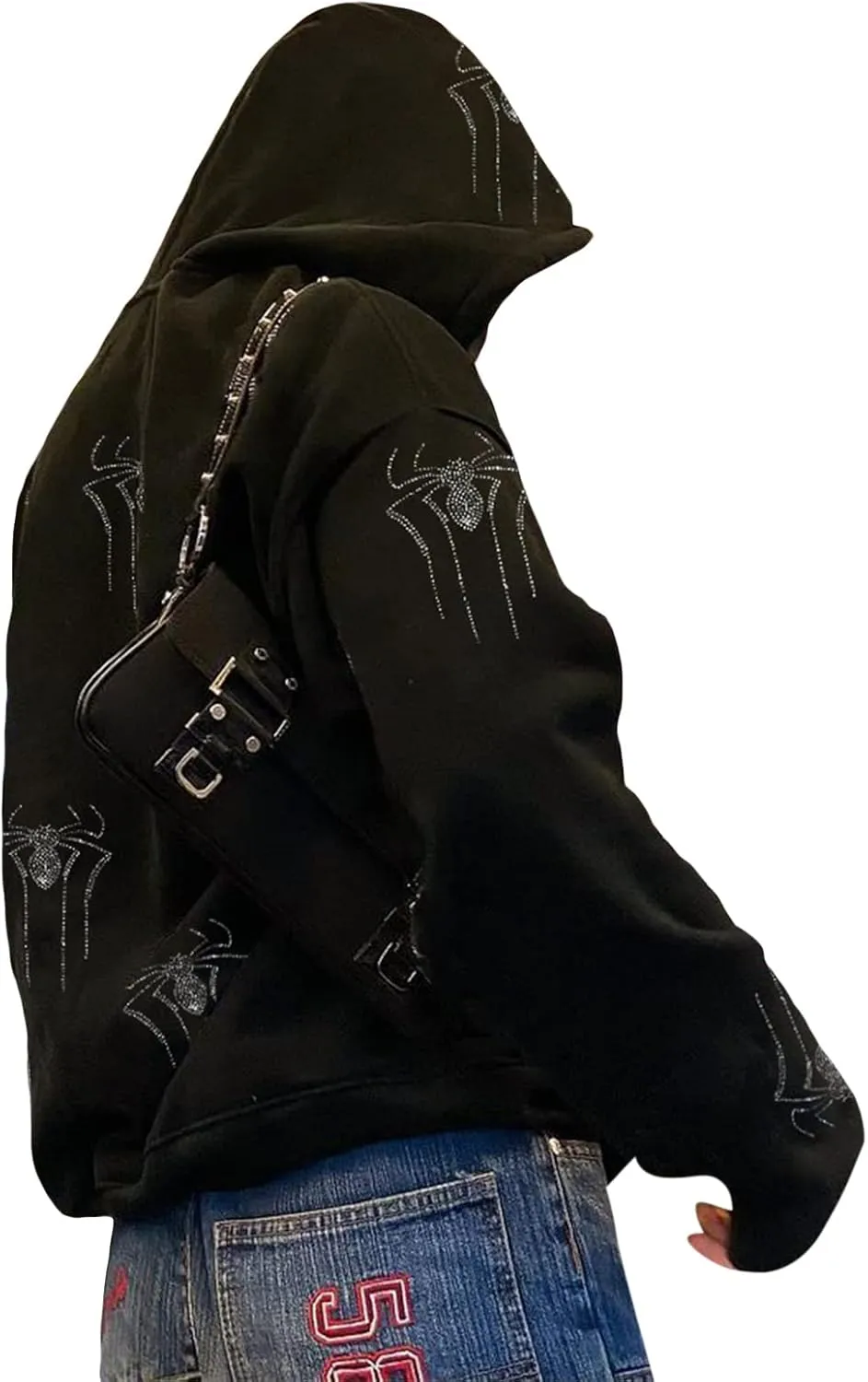 Womens Y2k Zip Up Spider Graphic Hoodie Halloween Rhinestone Oversized Hoodies Vintage Goth Grunge Jacket Streetwear