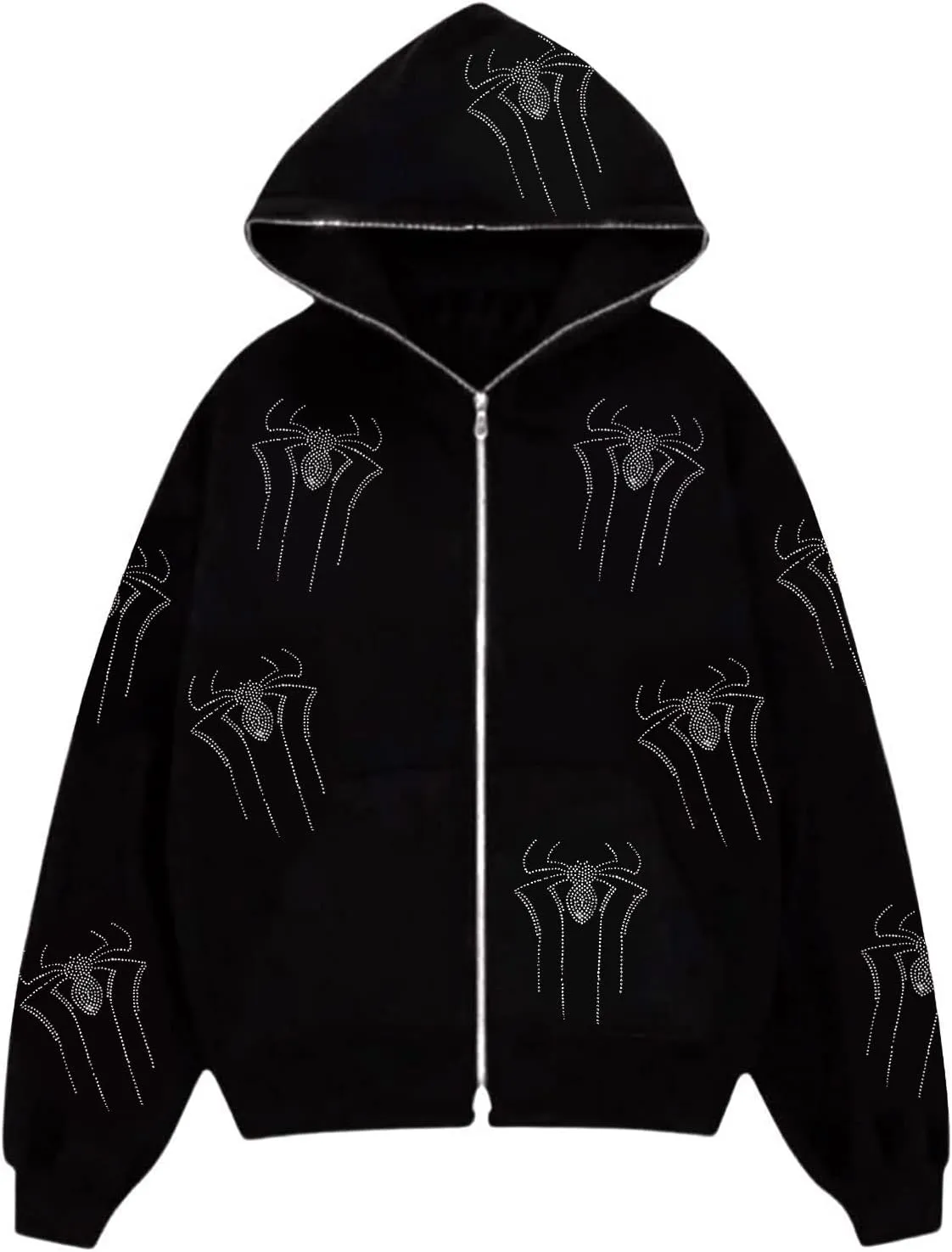 Womens Y2k Zip Up Spider Graphic Hoodie Halloween Rhinestone Oversized Hoodies Vintage Goth Grunge Jacket Streetwear
