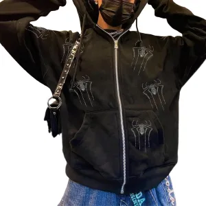 Womens Y2k Zip Up Spider Graphic Hoodie Halloween Rhinestone Oversized Hoodies Vintage Goth Grunge Jacket Streetwear