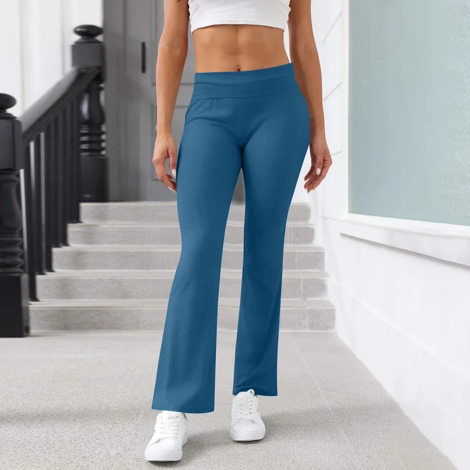 Work Pants Women, High Waisted Yoga Summer Pants Flare Elastic Waist Stretchy Leggings Tummy Control Trousers