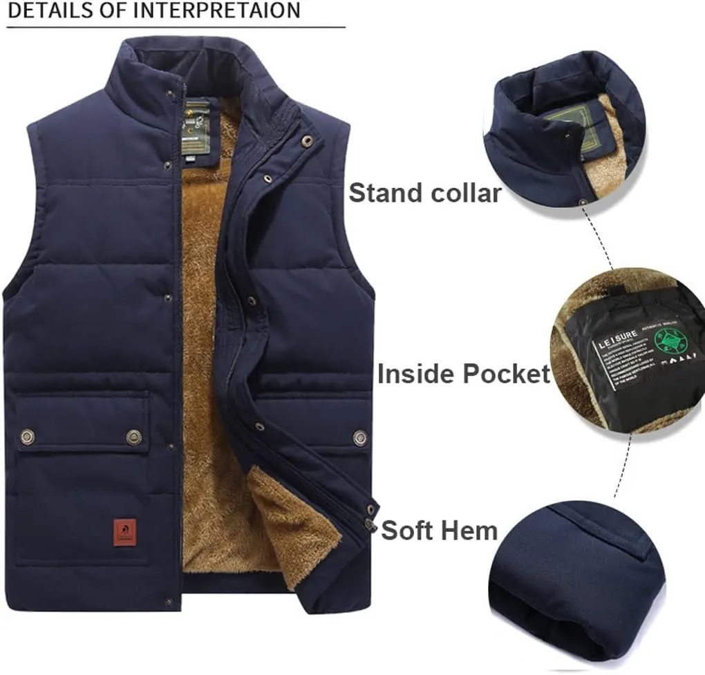 XinYangNi Men's Winter Warm Outdoor Padded Puffer Vest Thick Fleece Lined Sleeveless Jacket
