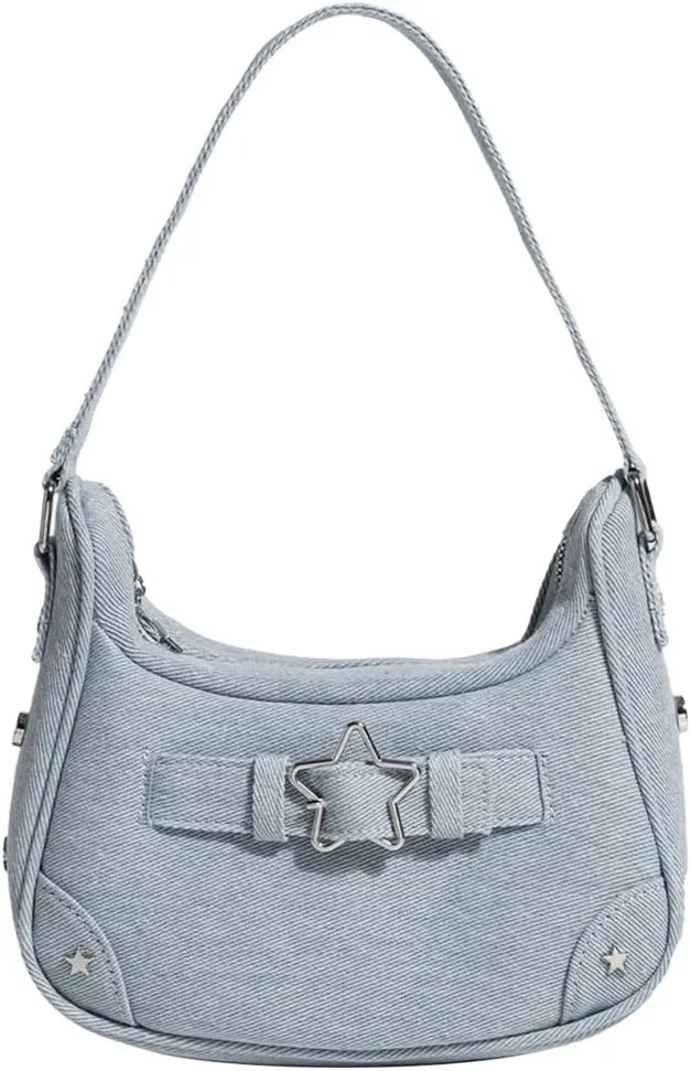 Y2K Women Underarm Bag Vintage Denim Hobo Bag Y2K Purse Small Hobo Handbag Trendy Denim Star Goth Clutch Bag