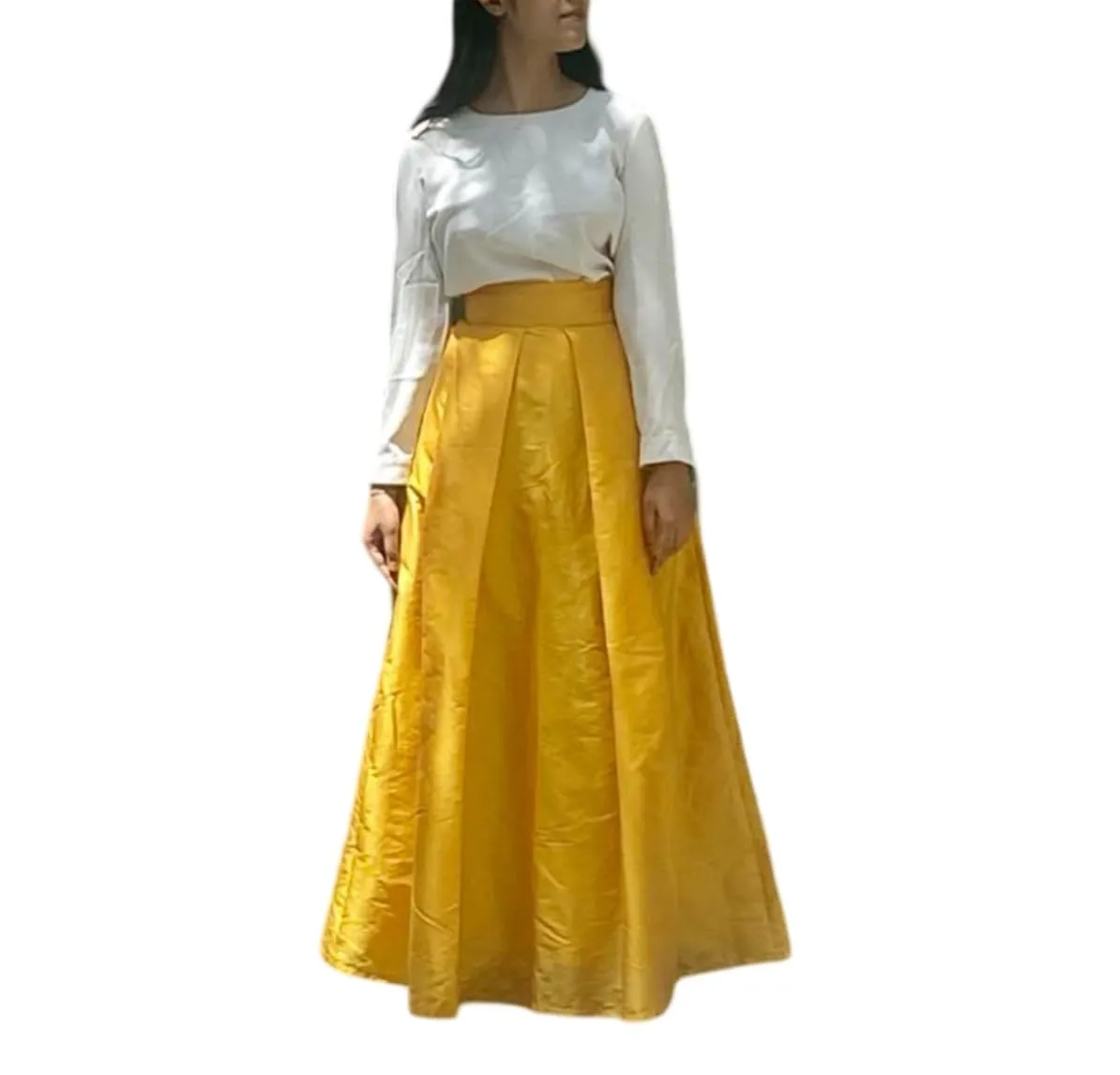 Yellow Skirt For Women Pleated High Waist Casual Taffeta Long Skirt With Belt & Pocket Handmade Evening Christmas Party Skirt (26 in Waist Size)