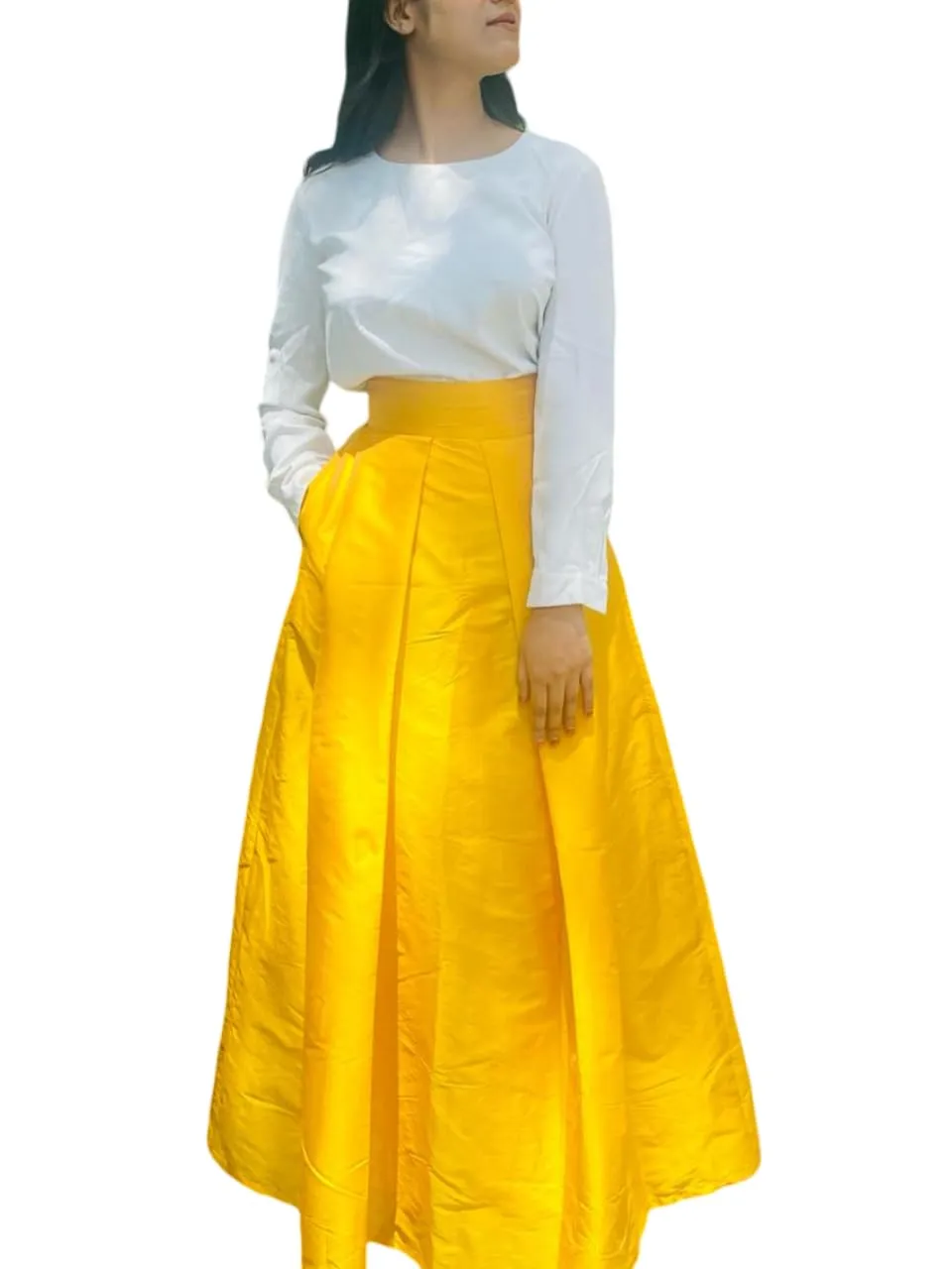 Yellow Skirt For Women Pleated High Waist Casual Taffeta Long Skirt With Belt & Pocket Handmade Evening Christmas Party Skirt (26 in Waist Size)