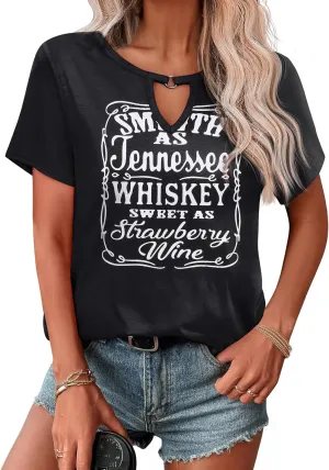 Zeagoo T Shirts Women American Flag Tops 4th of July Short Sleeve Key Hole V-Neck Country Music Tees
