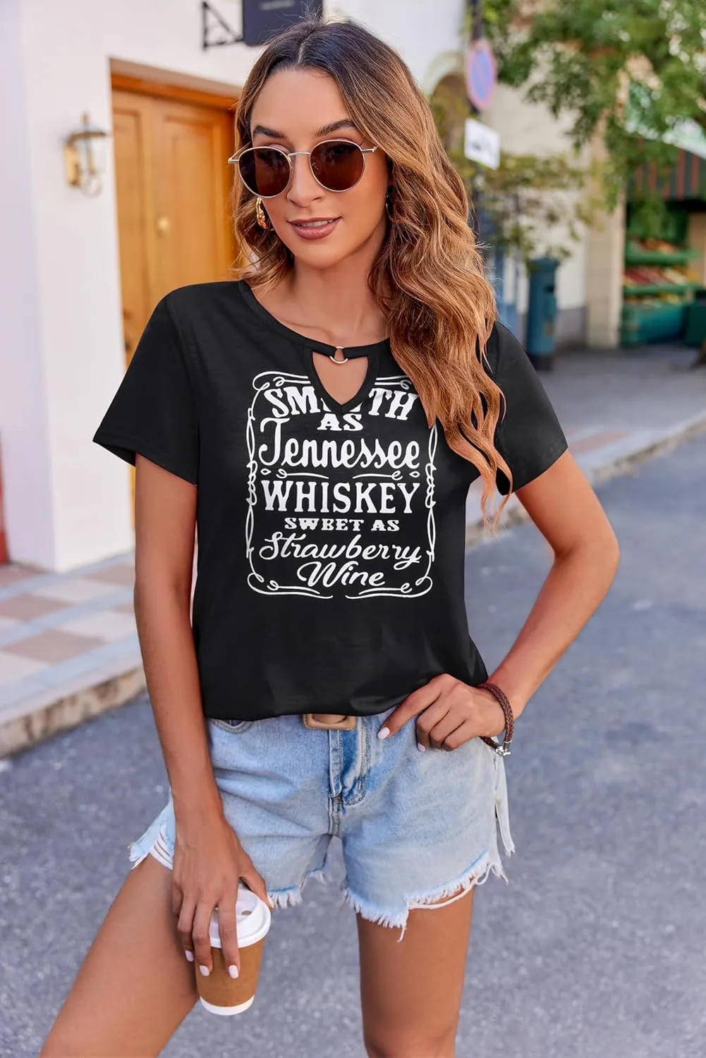 Zeagoo T Shirts Women American Flag Tops 4th of July Short Sleeve Key Hole V-Neck Country Music Tees