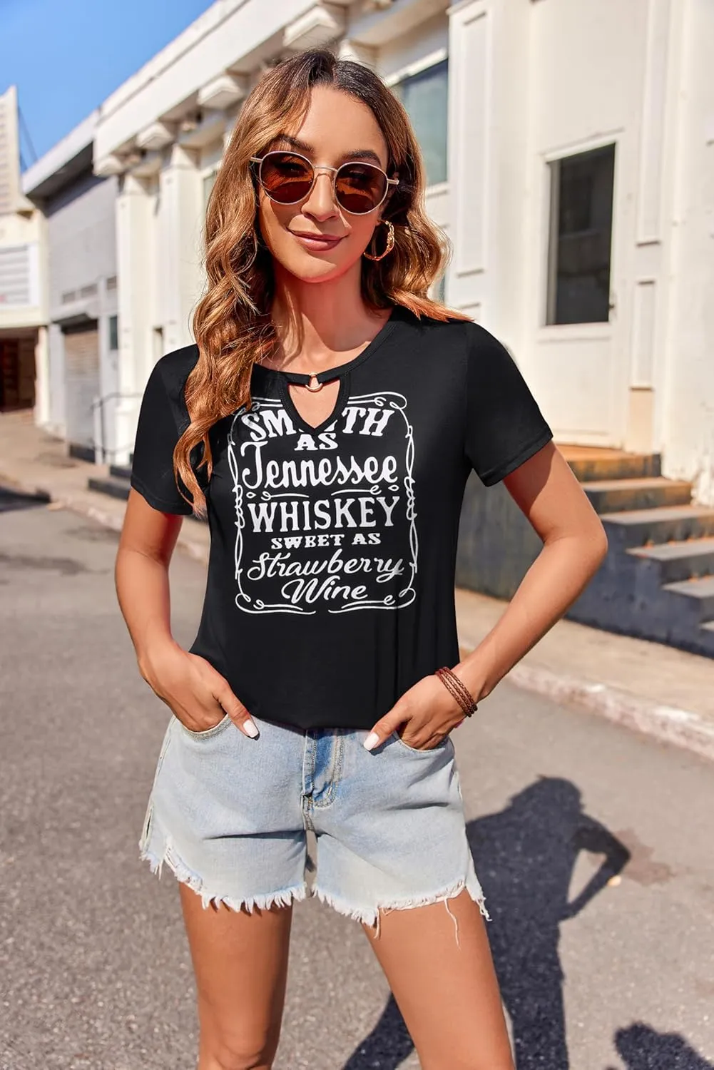 Zeagoo T Shirts Women American Flag Tops 4th of July Short Sleeve Key Hole V-Neck Country Music Tees