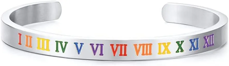 ZKXXJ Personalized Gay Pride Bracelet for Men Women,Stainless Steel Custom Rainbow Roman Numerals Lesbian Friendship Bracelet,LGBTQ Awareness Bangle for Parades and Events,Free Engraving