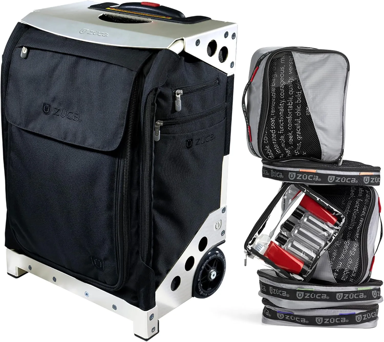 ZUCA Flyer Carry On Luggage with Wheels - 20 inch Airline Approved Black Bag and Silver Frame, with 5 Packing Pouches, Travel Cover, and Built-In Seat