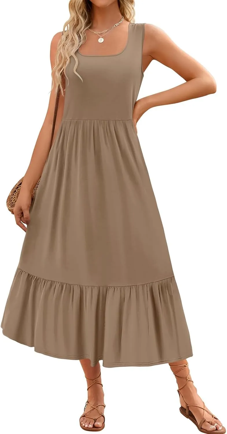 ZWRXW Summer Sleeveless Dresses for Women 2024 Flowy Swing Pleated Maxi Dress Square Neck Long Dresses Casual Beach Sundress