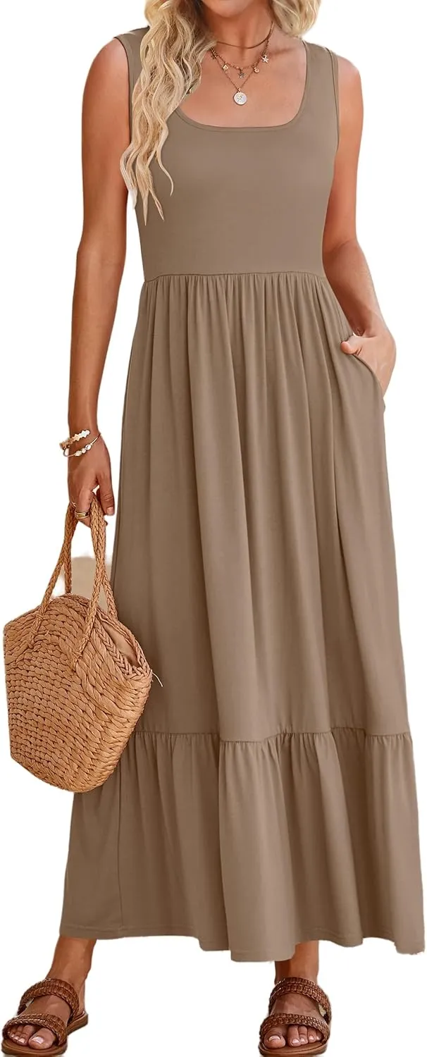 ZWRXW Summer Sleeveless Dresses for Women 2024 Flowy Swing Pleated Maxi Dress Square Neck Long Dresses Casual Beach Sundress