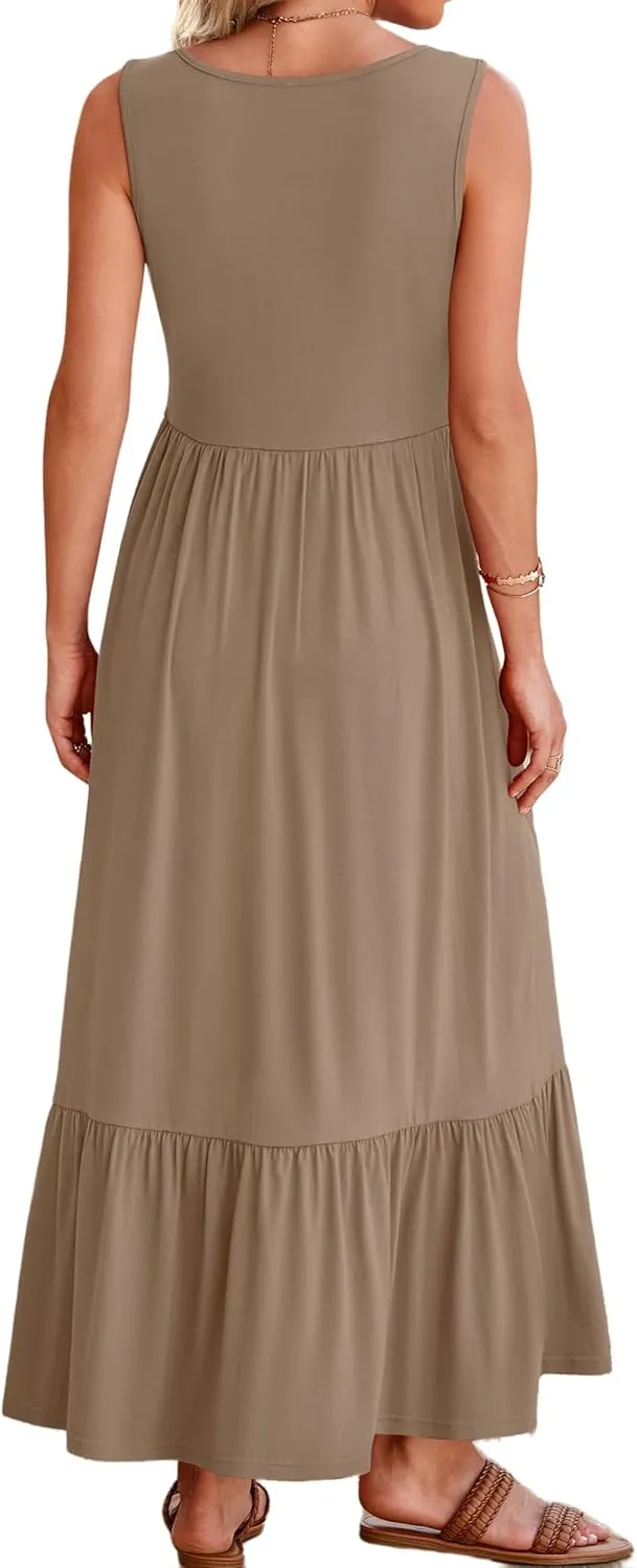 ZWRXW Summer Sleeveless Dresses for Women 2024 Flowy Swing Pleated Maxi Dress Square Neck Long Dresses Casual Beach Sundress