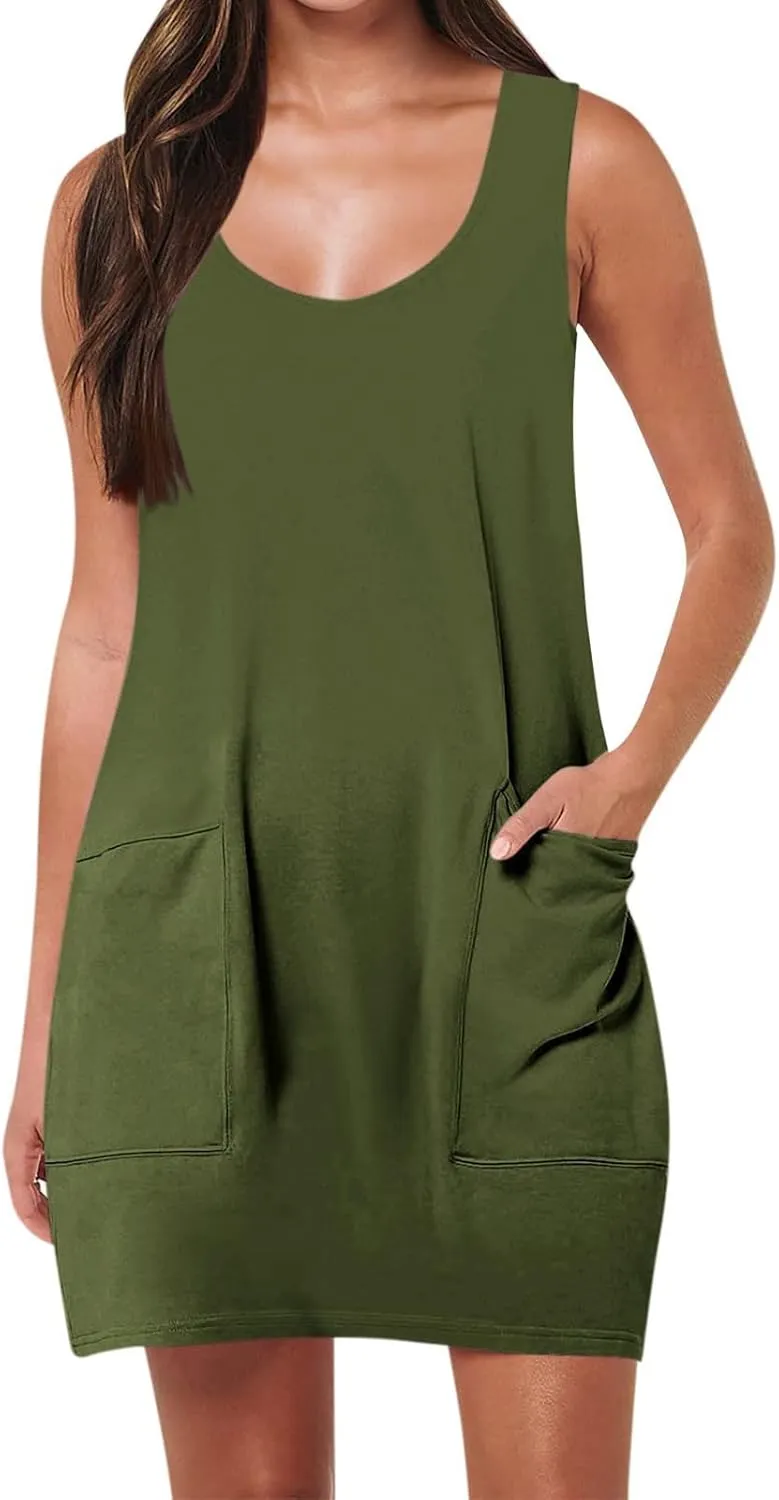 ZWRXW Sundresses for Women with Pockets Summer Dresses U Neck Sleeveless Tank Dress Short Mini Dresses Beach Swimsuit Coverup